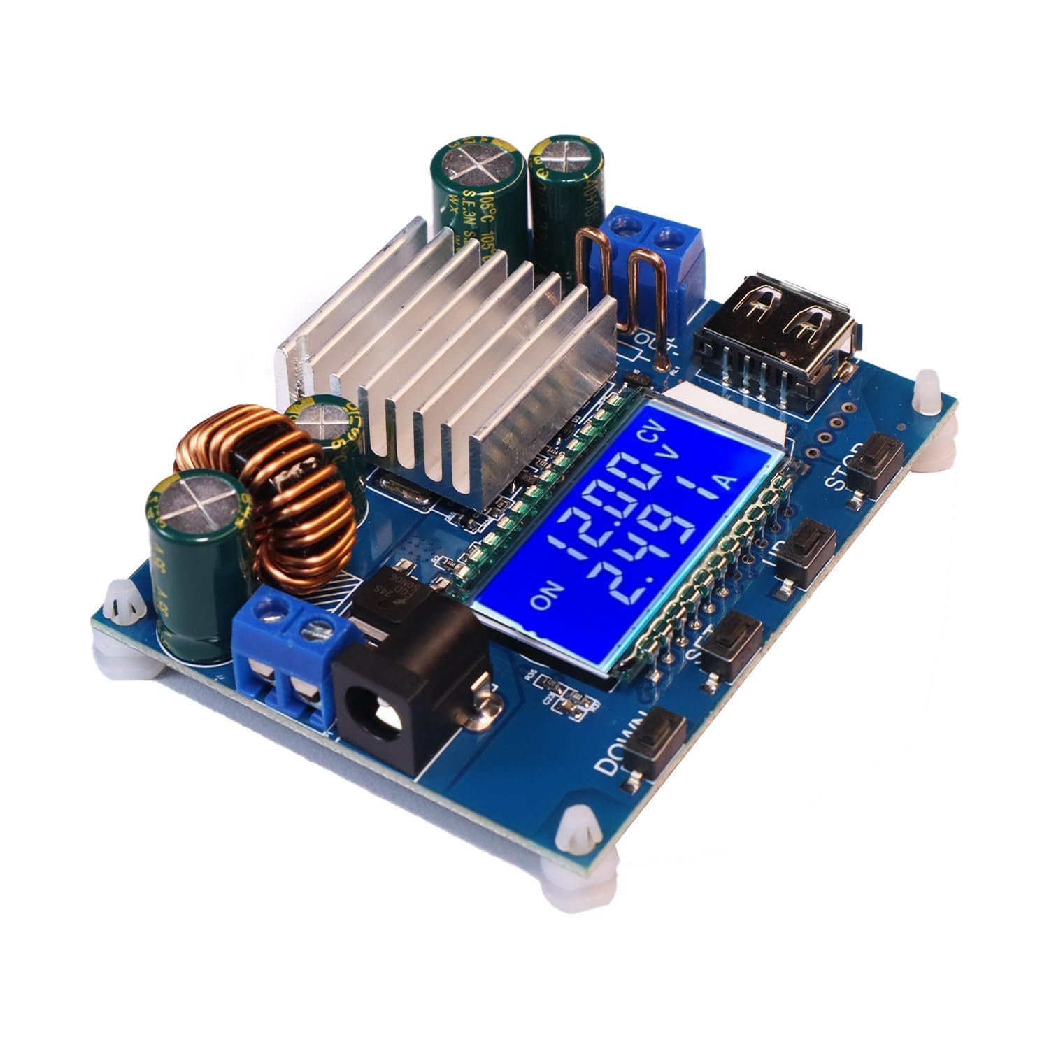Electrifier Buck Boost Converter 5-30V to 0.6-30V Adjustable LCD Module | USB and screw-terminal output | Four-button voltage and current setting | CV/CC modes | Heatsink-cooled 3A continuous