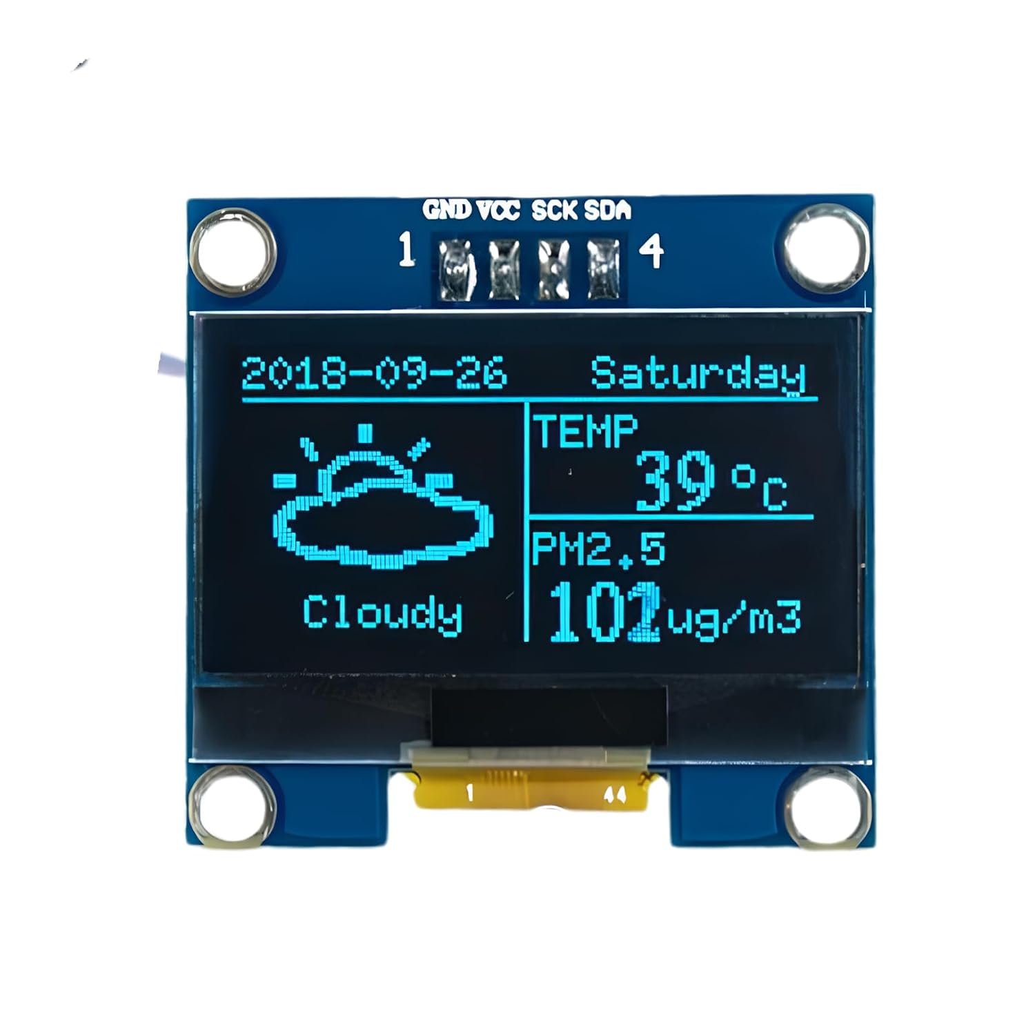 Electrifier 1.3 Inch OLED Display Module 128x64 I2C Blue Monochrome | Self-lit pixels, deep blacks, no backlight | 3.3V regulator, 3.3V-5V input | 4 mounting holes | breadboard friendly