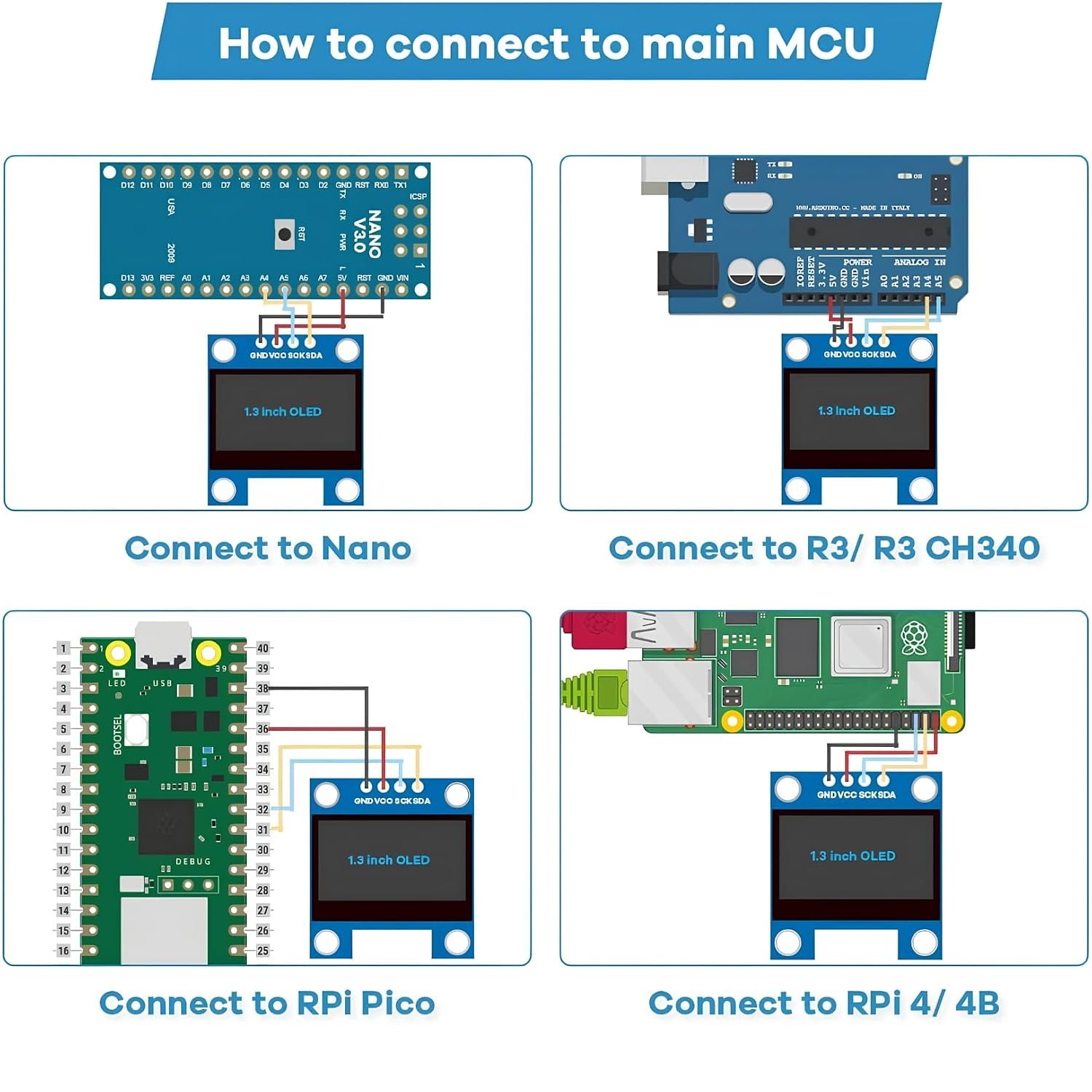 Electrifier 1.3 Inch OLED Display Module 128x64 I2C Blue Pack of 2 | Two matched panels for dual readouts or a ready spare | 3.3V-5V input, onboard regulator | 4 mounting holes each - Image 5