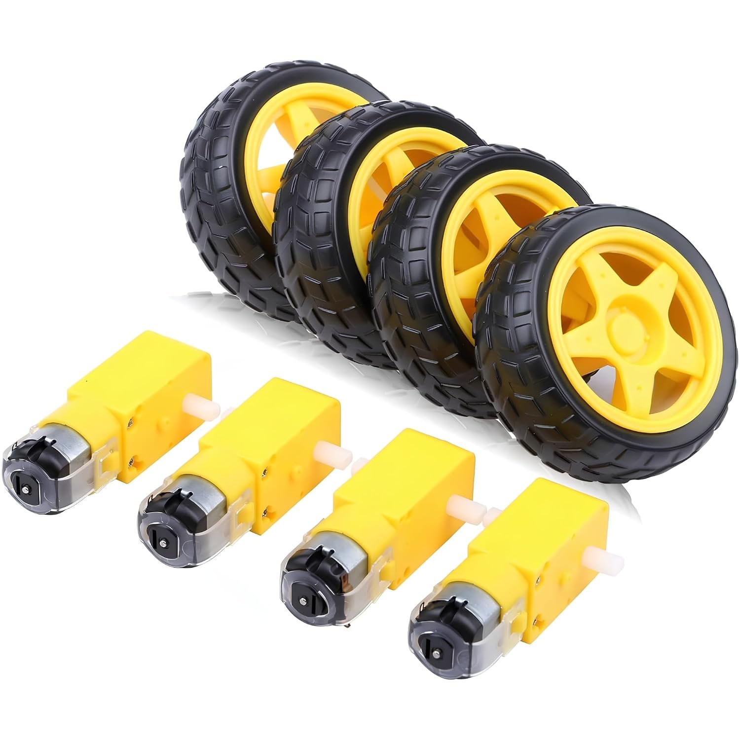 Electrifier Dual Shaft BO Motor 300 RPM 3V-12V with Wheels, Set of 4 | 0.35 kg cm rated torque, push-fit tyres, encoder disc support, ideal for line follower, obstacle avoider and STEM builds