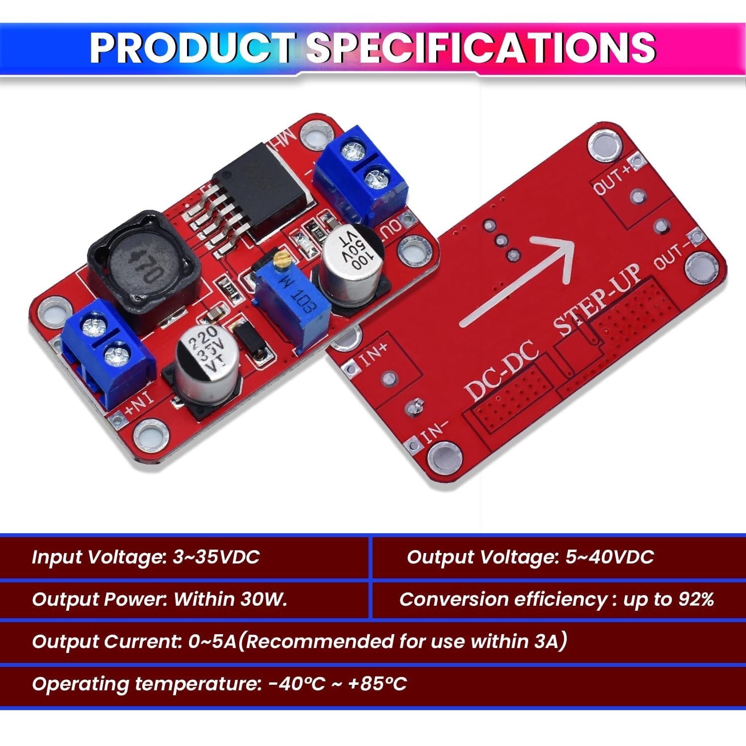 Electrifier XL6019 DC-DC Step-Up Boost Module 5V-40V Adjustable | Steps up low DC to higher regulated voltage | Within 3A continuous | Multi-turn fine tuning | Screw-terminal wiring - Image 2