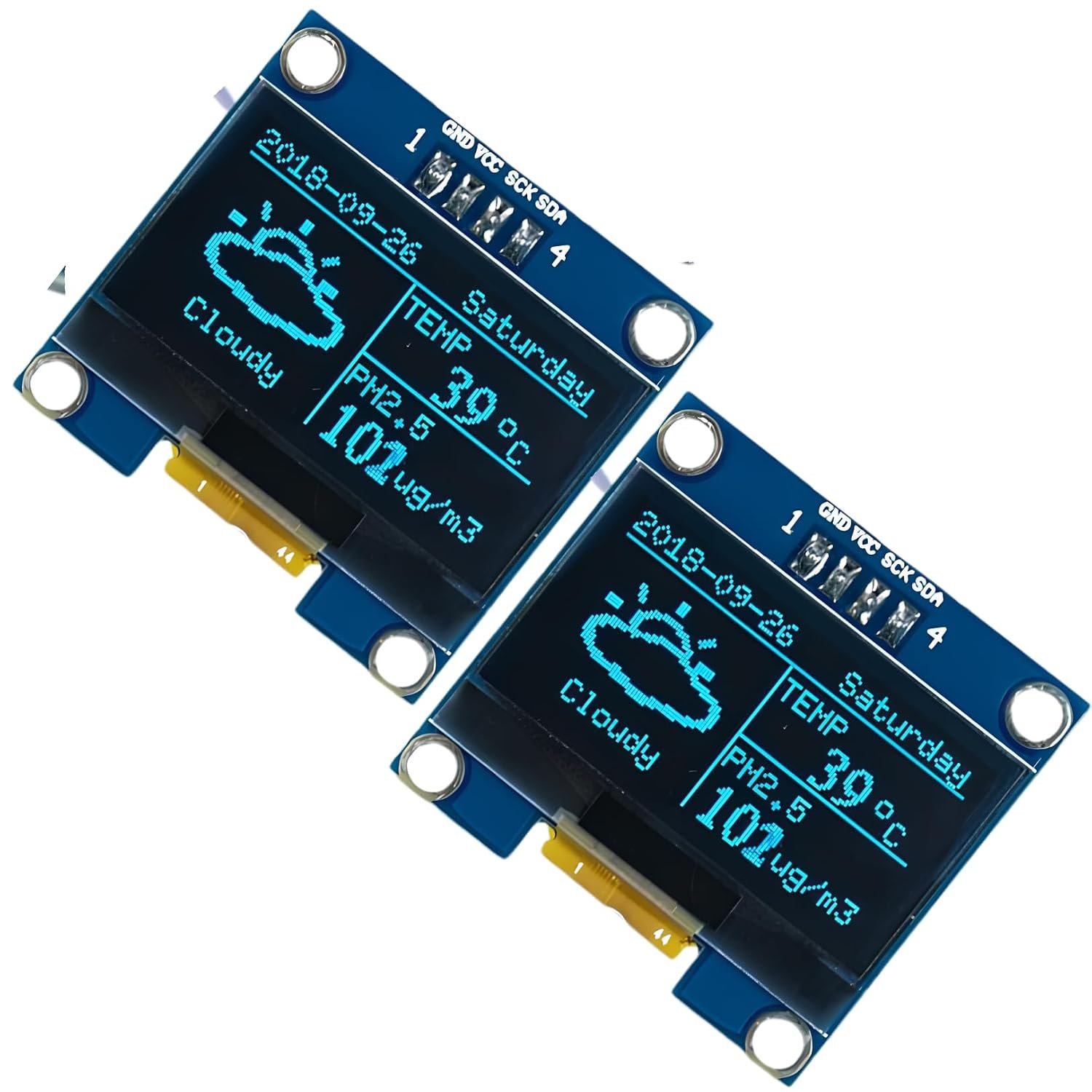 Electrifier 1.3 Inch OLED Display Module 128x64 I2C Blue Pack of 2 | Two matched panels for dual readouts or a ready spare | 3.3V-5V input, onboard regulator | 4 mounting holes each