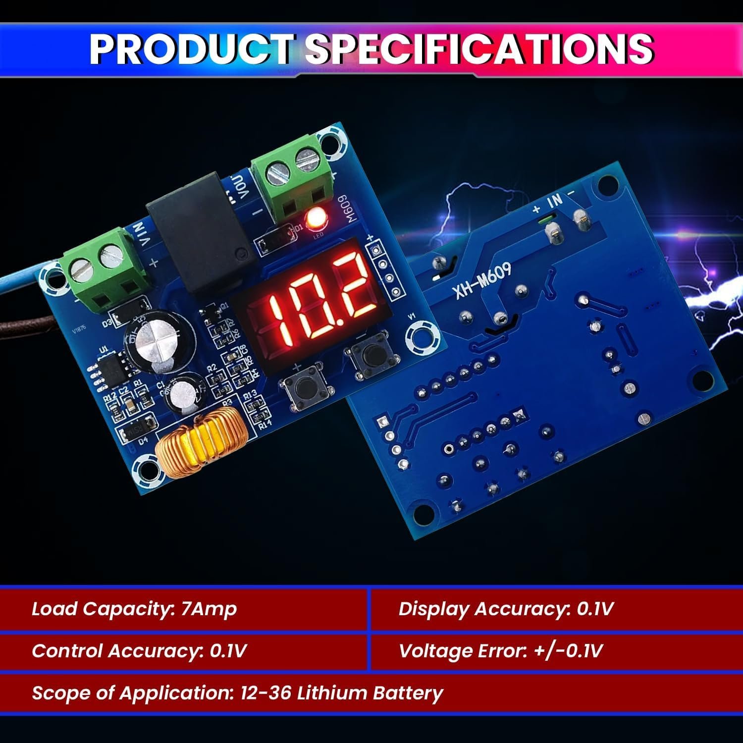 Electrifier XH-M609 Over-Discharge Battery Protection Module 12V-36V 7A | Adjustable cut-off and recovery thresholds | 3-digit LED display, 0.1V resolution | relay-switched output - Image 2