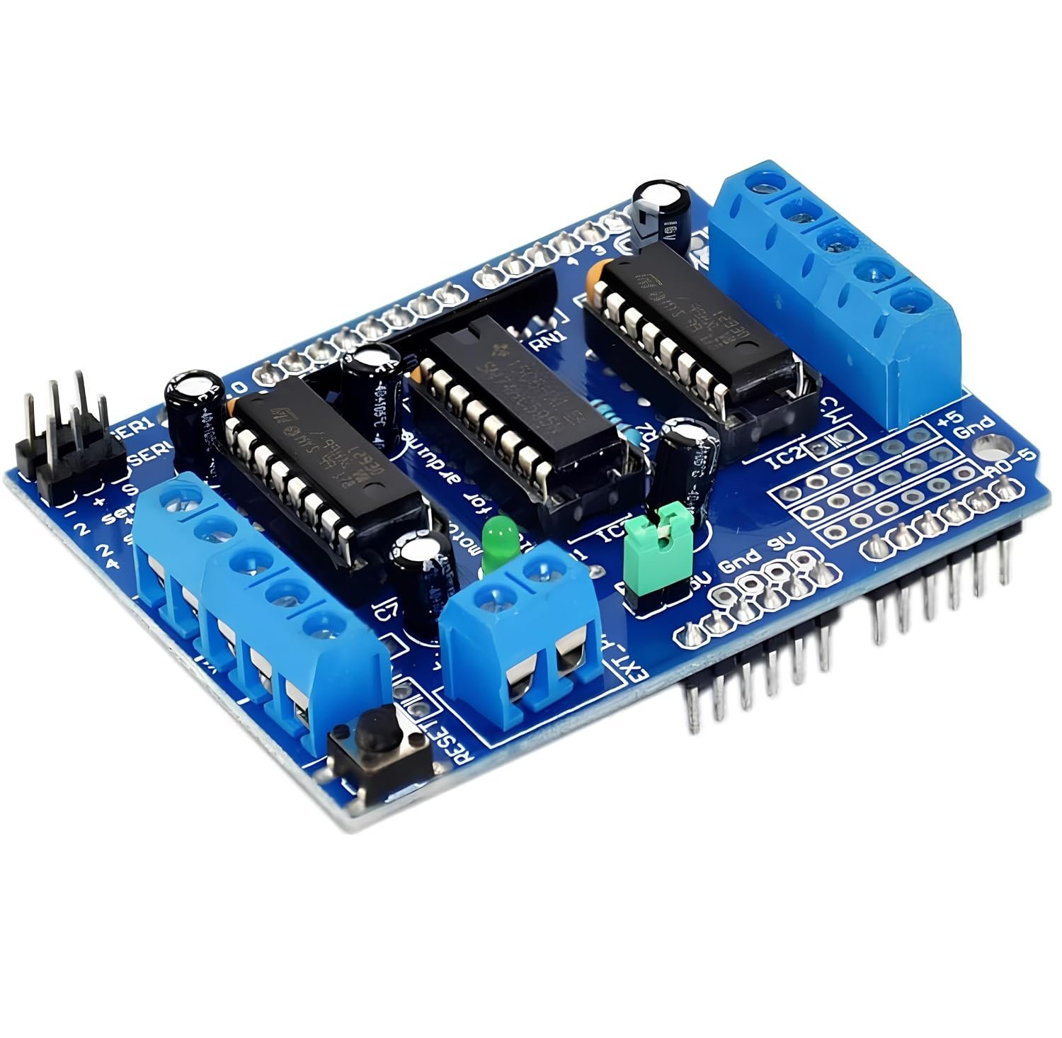 Electrifier L293D Motor Driver Shield for ATmega328P Boards, 4 DC Motors | Stacks on R3-layout ATmega328P and ATmega2560 development boards, 0.6A per channel, 1.2A peak, screw terminal wiring