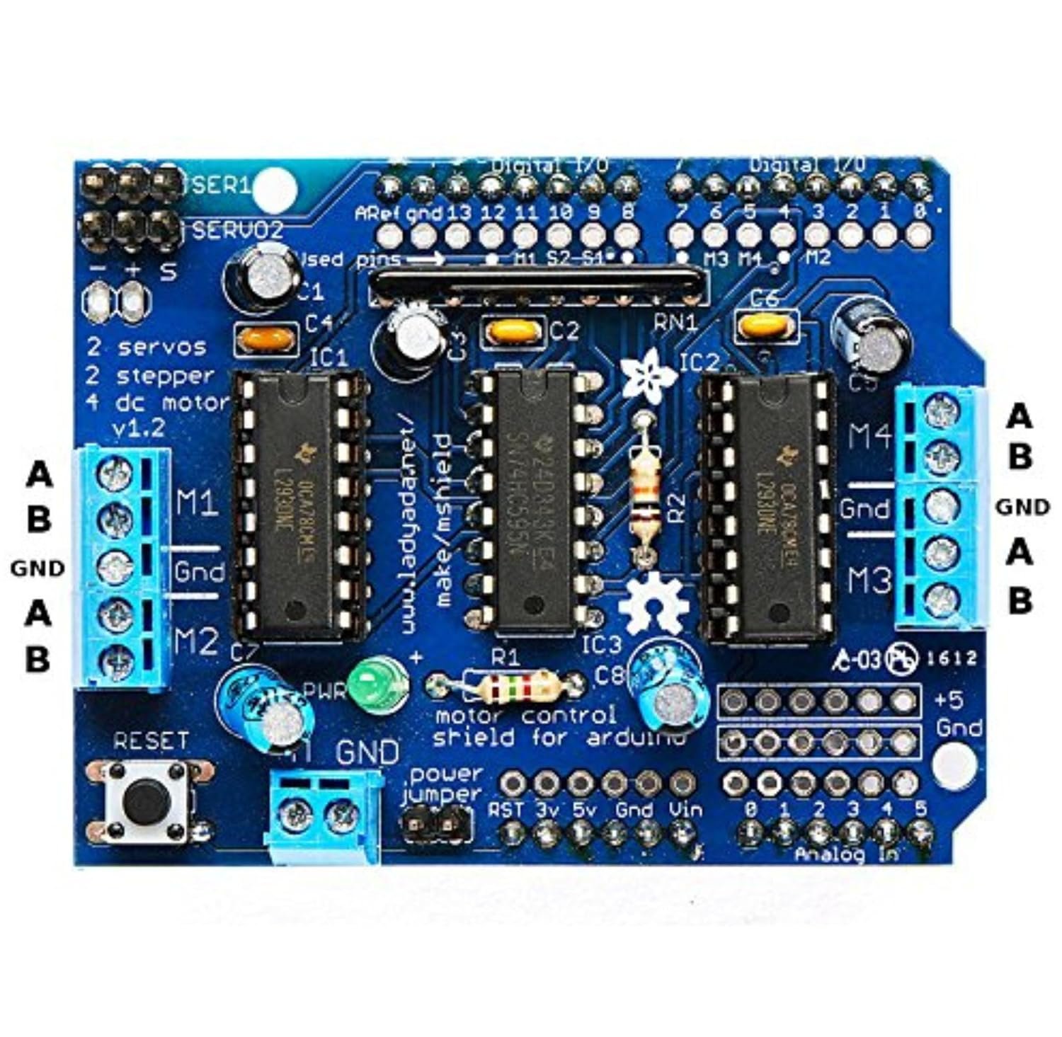 Electrifier L293D Motor Driver Shield for ATmega328P Boards, 4 DC Motors | Stacks on R3-layout ATmega328P and ATmega2560 development boards, 0.6A per channel, 1.2A peak, screw terminal wiring - Image 2