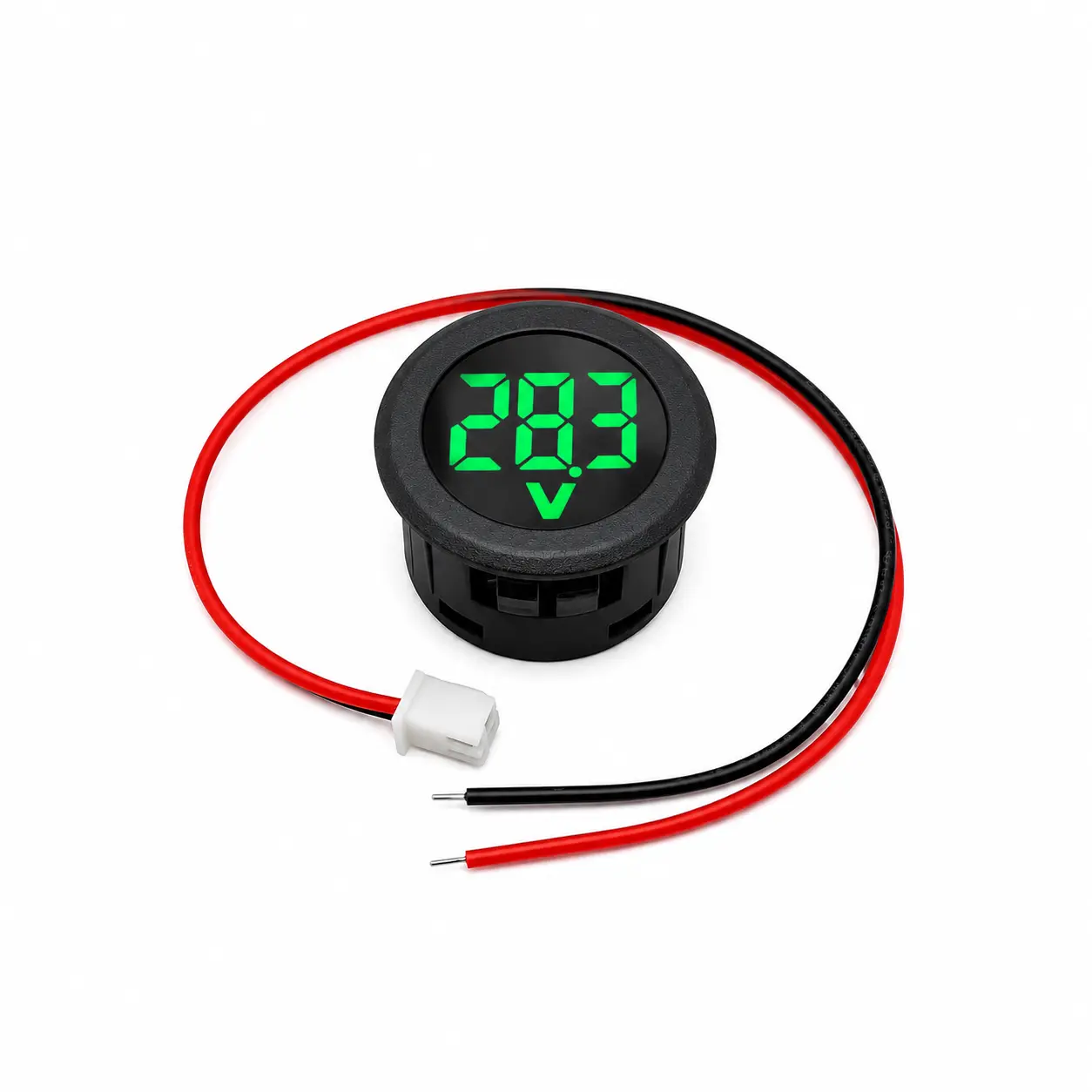 Electrifier DC 5-100V Digital Voltmeter Round Green LED Panel Meter | Snap-in panel mount, plug-and-play 2-pin connector, 20cm leads | live DC battery, inverter and e-rickshaw monitoring
